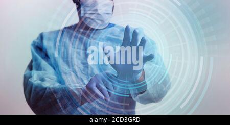 Arzt in der Maske auf Schutzhandschuhe, Hologramm Kreise Stockfoto