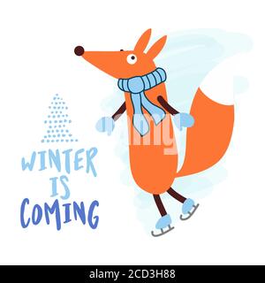 Der Winter kommt - handgezeichnete Vektor-Illustration mit niedlichen Skater Fuchs. Poster in Winterfarben. Gut für Plakate, Grußkarten, Banner, Textilien, Geschenk Stock Vektor