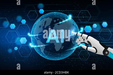 AI-Konzept. Futuristische Roboter Hand berühren digitale Welt Globus Karte, 3D-Rendering Stockfoto