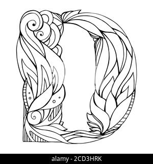 Schwarz-weiße Freihandzeichnung Großbuchstabe D mit floralem Doodle-Muster. Vektorelement für Ihr Design Stock Vektor