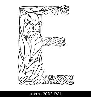 Schwarz-weiße Freihandzeichnung Großbuchstabe E mit floralem Doodle-Muster. Vektorelement für Ihr Design Stock Vektor