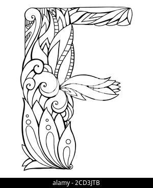 Schwarz-weiße Freihandzeichnung Großbuchstabe F mit floralem Doodle-Muster. Vektorelement für Ihr Design Stock Vektor
