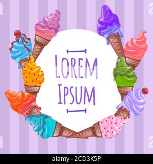 Runder Rahmen mit Eiszapfen und Platz für Text. Eisdiele. Vektor-Element für Einladungskarten, Karten und Ihr Design. Stock Vektor