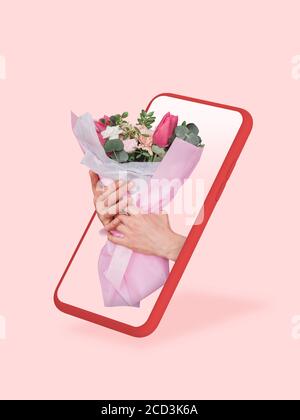 Ihr Smartphone oder anderes Gerät - alles, was Sie für einen modernen Lebensstil brauchen. Copyspace für Werbung. Shopping, Warenlieferung, Online-Shopping und Dienstleistungskonzept. Blumen liefern, Blumensträuße, Geschenk für die Feier. Stockfoto