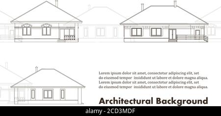 Architektonischer Hintergrund mit Fassaden von Häusern. Die Zeichnung der Hütten. Isoliert auf weißem Hintergrund. Vektorgrafik Schwarzweiß EPS10 Stock Vektor