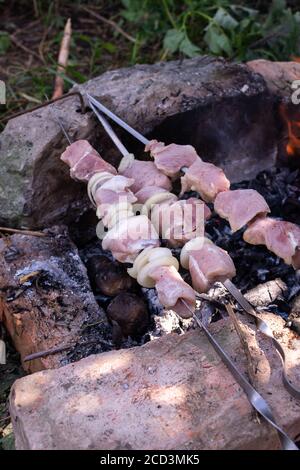 Kochen von Fleisch in der Hitze von den heißen Kohlen, Kochen von Lebensmitteln in Camping, Fleisch Kebab in der Natur Stockfoto