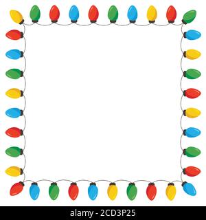 Vektor Retro Bunte Weihnachten und Neujahr String Lichter Isolierter quadratischer Rahmen auf weißem Hintergrund Stock Vektor