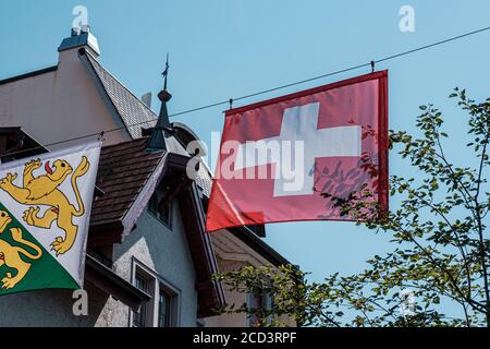 Blick auf schöne historische Häuser in der schweizer Stadt Arbon Stockfoto