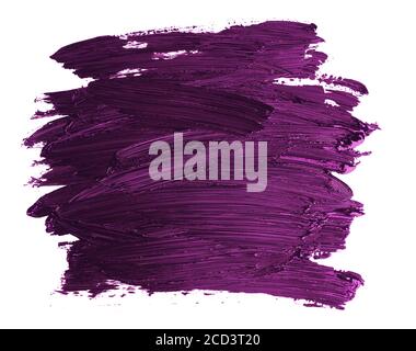 Probe der violetten dicken Farbe mit Streifen aus einem Pinsel, Textur isoliert auf weißem Hintergrund Stockfoto