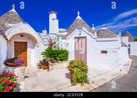 Alberobello, Italien. Idyllische traditionelle Trulli Häuser in Apulien Region von Italien. Stockfoto