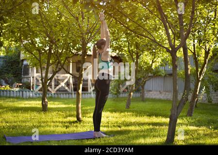 Schwangere Frau im Garten praktiziert Yoga und begrüßt die Sonne. Sommermorgen. Stockfoto