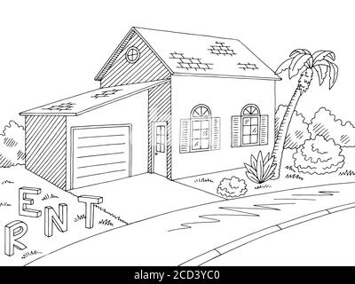 Haus zu vermieten außen Grafik schwarz weiß Skizze Illustration Vektor Stock Vektor