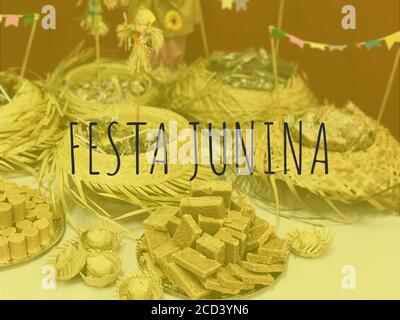 Gestaltung der Einladungskarte mit dem Text 'Junina Party' in portugiesisch. Stockfoto