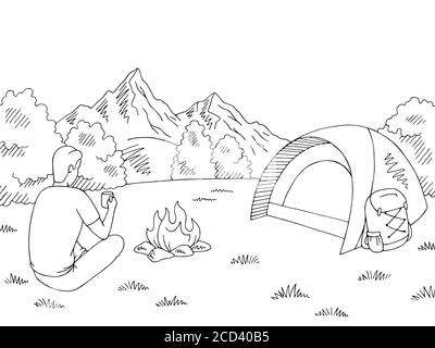 Tourist sitzt am Lagerfeuer und trinkt aus einer Tasse. Camping Grafik schwarz weiß Berglandschaft Skizze Illustration Vektor Stock Vektor