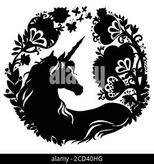 Vektor-Einhorn mit magischen Blumen in Kreis Zusammensetzung. Schwarze Silhouette Vorlage Illustration isoliert auf weißem Hintergrund. Für Druck, Aufkleber, des Stock Vektor