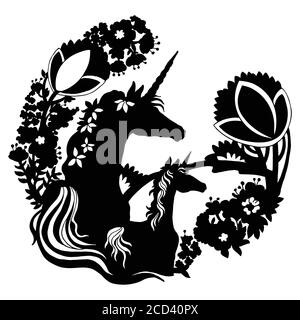 Vektor schöne Einhorn und Fohlen mit Bäumen und Blumen im Kreis composition.Black Silhouette Illustration isoliert auf weißem Hintergrund. Für Templat Stock Vektor