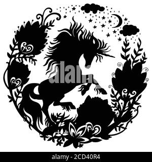 Vektor-Vorlage Einhorn mit Galaxienblumen und Bäumen im Kreis Zusammensetzung. Schwarze Silhouette Vorlage Illustration isoliert auf weißem Hintergrund. Für Stock Vektor