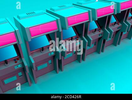 Spielzimmer. Arcade-Spiele. Retro-Videospiele. 3d-Rendering Stockfoto