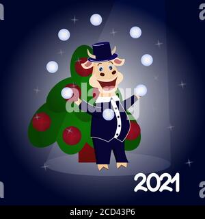 Cute Cartoon Stier jonglieren Schneebälle auf dem Hintergrund eines Weihnachtsbaums. Vektorgrafik mit dem Symbol des chinesischen Neujahrs 2021 Stock Vektor