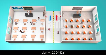 Schulschalter für Anti-covid-19 Maßnahmen. Um das Coronavirus zu bekämpfen, neue Schreibtische in Schulen. 3d-Rendering. Unterschiede zwischen Klassenzimmern Stockfoto