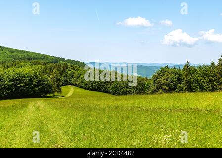 Frühling Galle Karpaty Berge Landschaft mit Mischung aus Wiesen, Wald und Hügel auf tschechisch - slowakischen Grenzen unten Kosak Hügel Stockfoto