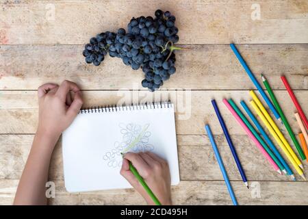 Kinderzeichnungen, Trauben und Buntstifte. Holztisch. Draufsicht Stockfoto