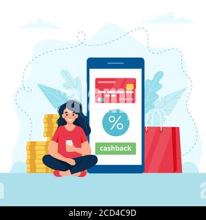 Cashback-Konzept - Frau mit Smartphone, Smartphone mit Kreditkarte darauf. Illustration in flachem Stil Stockfoto