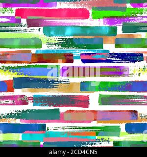 Zeitgenössische Kunst Multicolor nahtlose Muster Hintergrund. Abstrakte Grunge Kreuz geometrischen Formen. Aquarell Hand gezeichnet bunte Pinselstriche Textur. Stockfoto