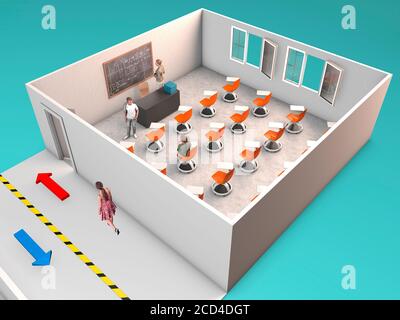 Schulschalter für Anti-covid-19 Maßnahmen. Um das Coronavirus zu bekämpfen, neue Schreibtische in Schulen. 3d-Rendering. Unterschiede zwischen Klassenzimmern Stockfoto