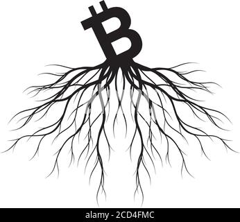 Bitcoin-Symbol und Wurzeln. Vektordarstellung Illustration und Symbole. Vektordarstellung. Stock Vektor