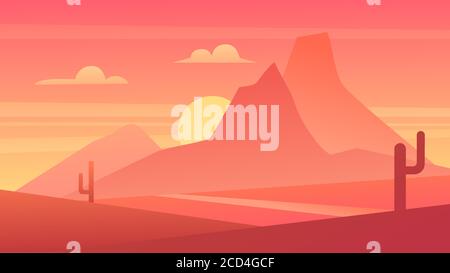 Wüste szenische Natur Landschaft Vektorgrafik. Cartoon flache Panorama mexikanischen Sand Wüste Landschaft mit Kakteen, aufgehende Sonne hinter Bergen Silhouetten, Sonnenuntergang oder Sonnenaufgang heißen natürlichen Hintergrund Stock Vektor