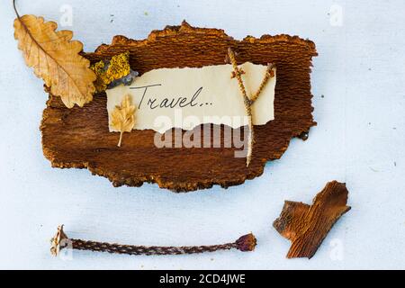 Herbst vibes Reisen Erinnerungen, getrocknete Pflanzen und Blumen, kopieren Paste Raum, Brief und Worte auf dem alten Papier, Herbarium Thema. Stockfoto