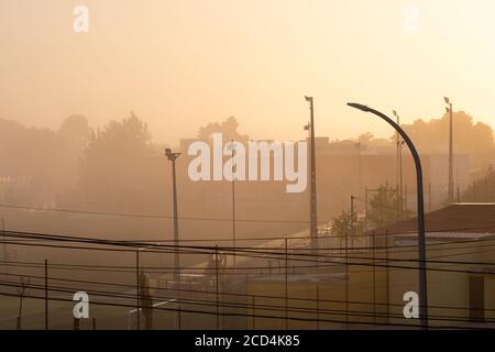 Nebel von der Sonne in goldenen Tönen in einem Stadt mit Häusern und Bäumen im Hintergrund und elektrische Kabel in der Vorderseite Stockfoto