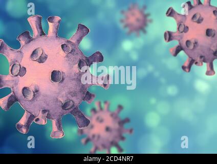 Virus blauer Hintergrund. Handgezeichnete 3d-Imitation Coronavirus 2019-nCoV-Zellen. Gefährlicher respiratorischer Coronavirus aus Wuhan, China. Druckvorlage für b Stockfoto