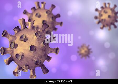 Virusvioletter Hintergrund. Handgezeichnete 3d-Imitation Coronavirus 2019-nCoV-Zellen. Gefährlicher respiratorischer Coronavirus aus Wuhan, China. Druckvorlage für Stockfoto