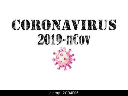 Coronavirus schwarzer Schriftzug mit handgezeichneter roter Zelle isoliert auf weißem Hintergrund. Gefährlicher respiratorischer Coronavirus aus Wuhan, China. Vorlage drucken Stockfoto