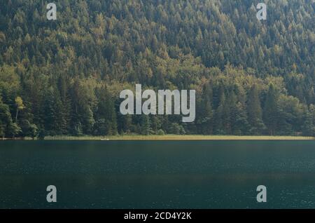 Silhouette junger Mann schweben auf Paddelbrett wieder Wald Hintergrund. Vorderer langbathsee, Österreich Alpen Stockfoto