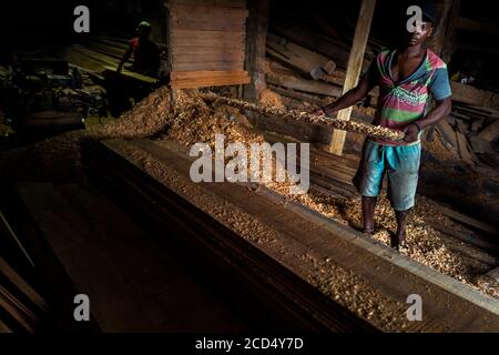 Ein kolumbianischer holzsäger schneidet Kanten eines groben Schnittbretts, das aus dem Regenwald gewonnen wird, während der Holzverarbeitung in einem Sägewerk in Quibdó, Kolumbien. Stockfoto