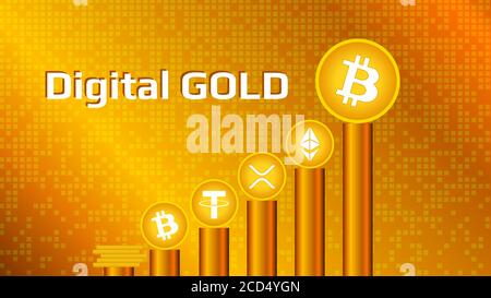 Kryptowährungsmünzen auf goldenen Sockeln auf goldenem Hintergrund. Digitale Goldbitcoin und Altcoins werden nach Volumen geordnet. Vektor EPS10. Stock Vektor