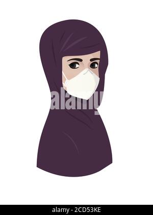 Muslimische junge Frau trägt violette Hijab mit medizinischen Schutz Gesichtsmaske Atemschutzmaske vor Covid zu schützen, isoliert weißen Hintergrund Porträt. Stock Vektor