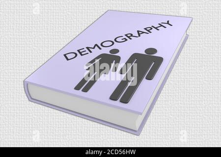 3D-Illustration der DEMOGRAPHIE-Schrift auf einem Buch zusammen mit zwei menschlichen Silhouetten, isoliert auf einem hellgrauen Muster. Stockfoto