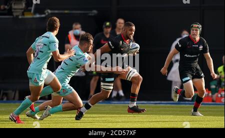 Saracens Andy Christie bricht während des Spiels der Gallagher Premiership im Allianz Park, London, frei. Stockfoto