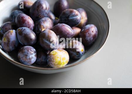 Perspektivische Draufsicht auf frische reife Pflaumenfrüchte im Jahrgang Elegante graue Schale auf Tisch innen minimalistisches Setup mit natürlichen Leicht Stockfoto