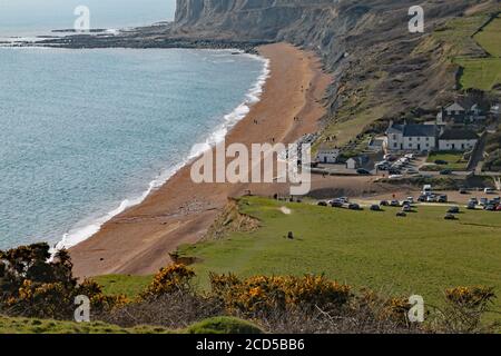 Die Bucht von Seatown in Dorset, gelegen auf dem Küstenweg an der Jurassic Küste zwischen Charmouth und West Bay Stockfoto