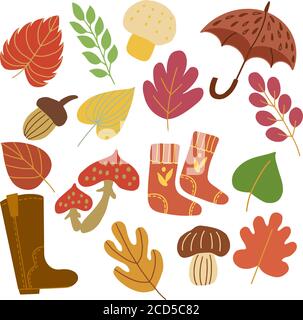 Set aus Herbstblättern, Pilzen, Regenschirm, Socken und Stiefeln. Vektorgrafiken auf weißem Hintergrund für die Gestaltung von Karten, Drucke auf Kissen, Pakete Stock Vektor