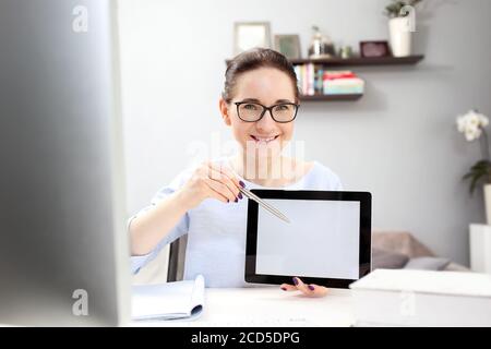 Online-Lektion.E-Learning. Der Lehrer führt die Lektion online durch. Stockfoto