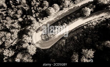 Blick auf Kurve auf Straße im Wald Stockfoto