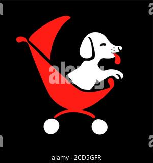 Dog Sitter Logo im Zeichnungsstil auf schwarzem Hintergrund für Highlight. Walking Haustier in roten Wagen Symbol Vektor isoliert Element. Zoo Transport flache Abbildung. Lustige Tierpflege Geschäftskonzept. Stock Vektor