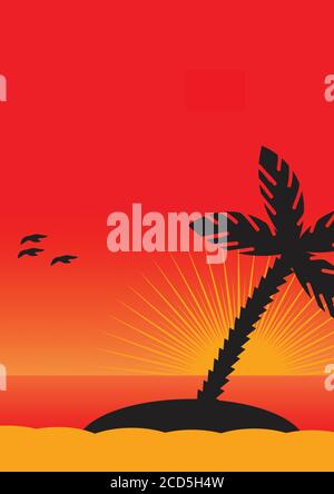 Blick auf den Sonnenuntergang über eine kleine tropische Insel mit untergehender sonnenrotem Himmel und Wasser und einer Palme Silhouette Illustration als Reise- und Urlaubskonzept Stockfoto