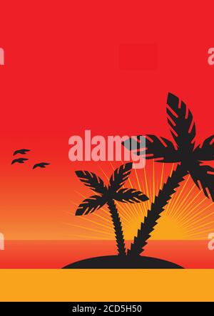 Blick auf den Sonnenuntergang über eine kleine tropische Insel mit untergehender sonnenrotem Himmel und Wasser und Palmen Silhouette Illustration Stockfoto